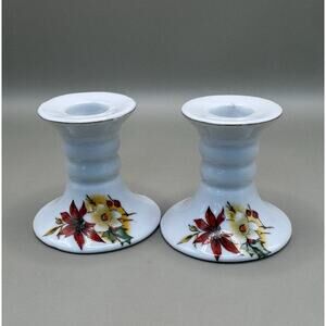 Vintage Christmas Poinsettia Ceramic Taper Candle Holders Cottagecore Pair